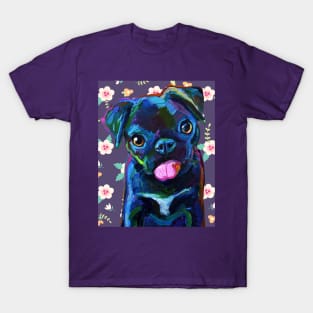 Cute BLACK PUG PUPPY with Vintage Flowers by Robert Phelps T-Shirt